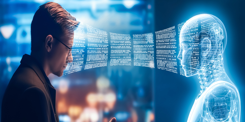 Robotics or ai artificial intelligence connecting interaction with human.Chat bot software network.big data and transfer protocol system