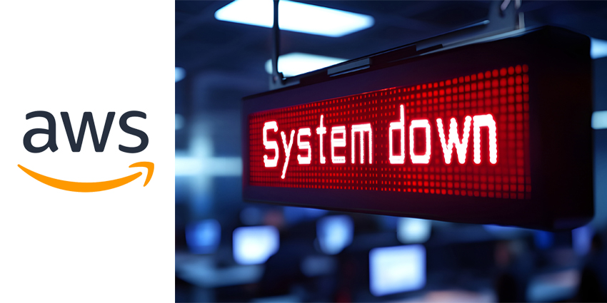 Red system down sign, indicating IT problem in office. Employees working on computers, network failure, security alert, data outage
