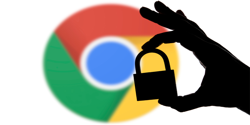 Google Chrome security issues. Silhouette of a hand holding a padlock infront of the google chrome logo