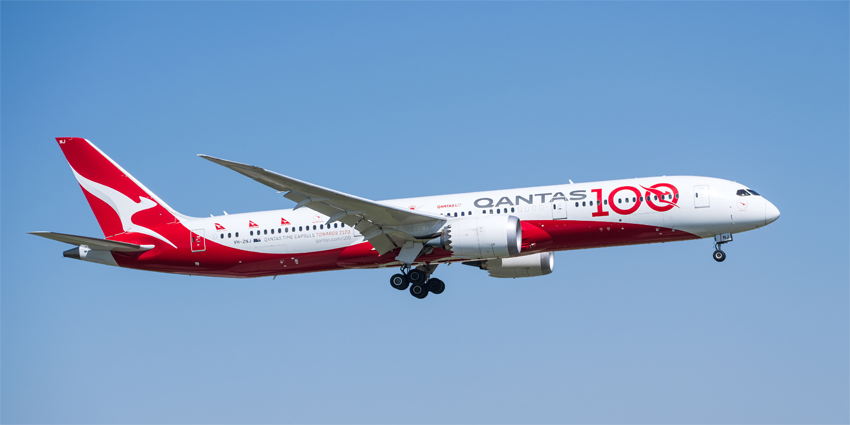 Qantas Airways aircraft Boeing 787-9 Dreamliner approaching Dallas Fort Worth International Airport (DFW) from Melbourne, Australia, blue skies.