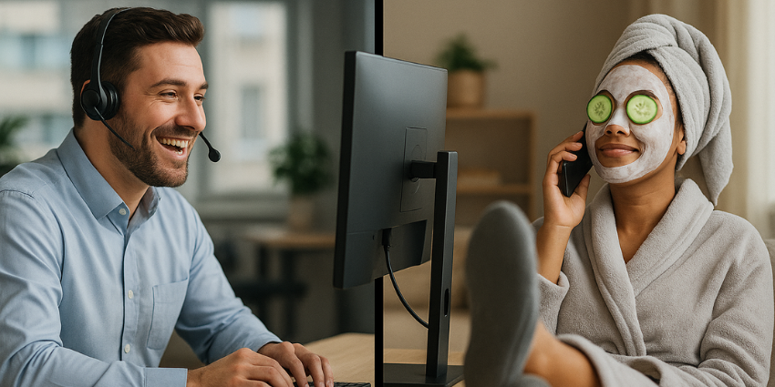 Customer service agent using on-screen prompts to handle an angry customer calmly on a support call.